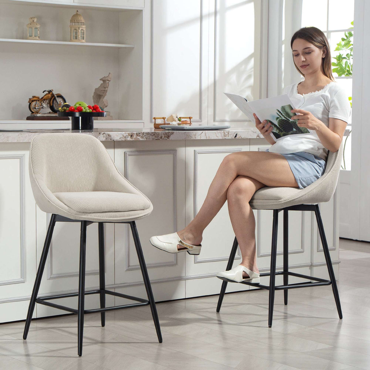 2-Piece Bar Stool Set, Corduroy, Steel Legs, Cream