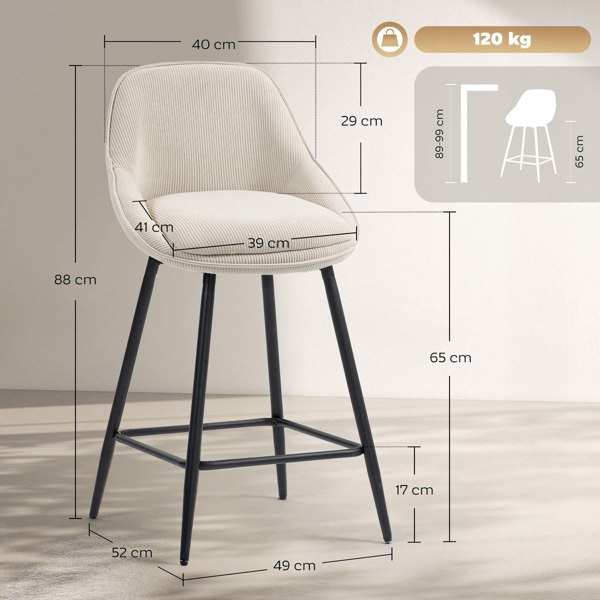 2-Piece Bar Stool Set, Corduroy, Steel Legs, Cream