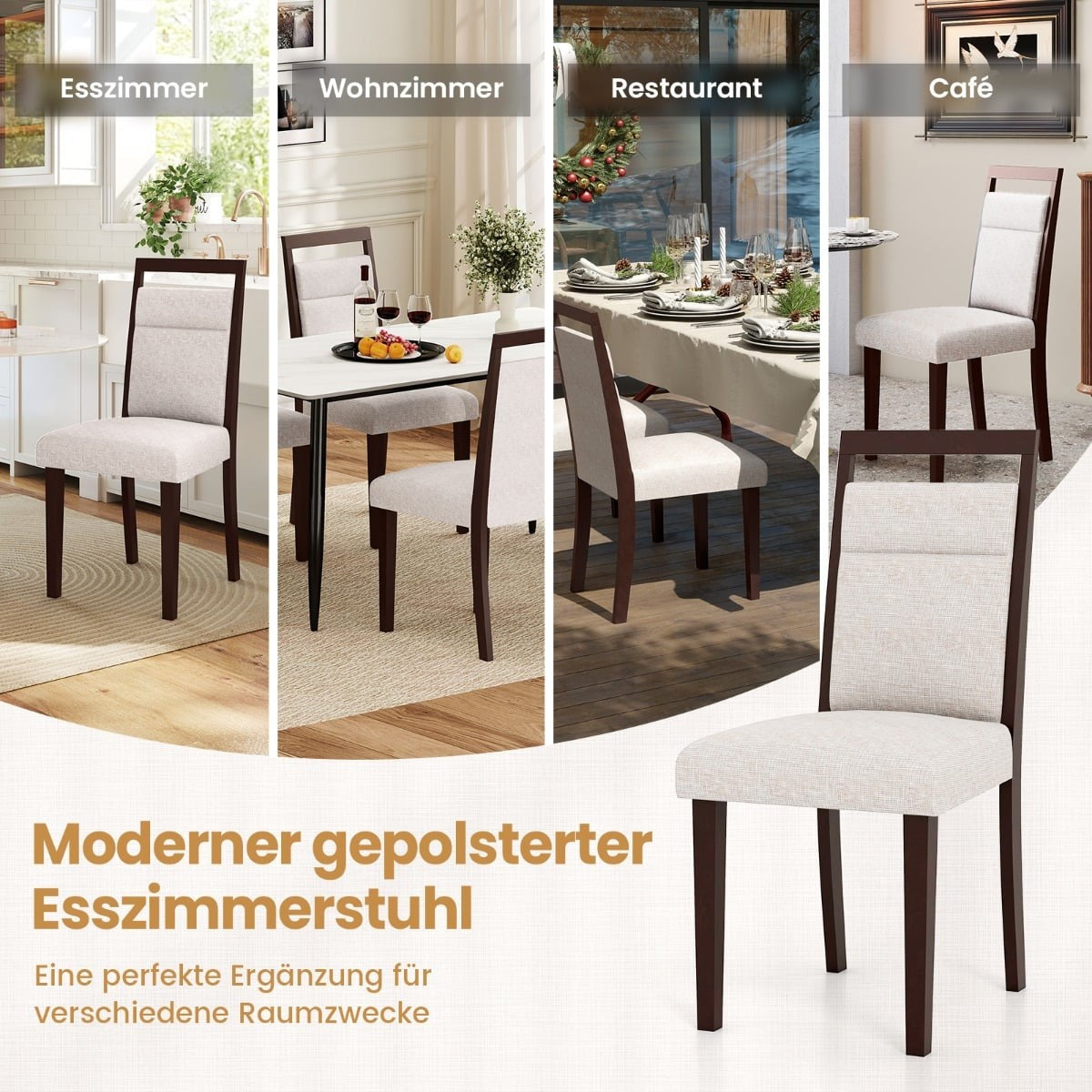 2-Piece Beige Dining Chairs, Padded Seat & Back, Wood Frame