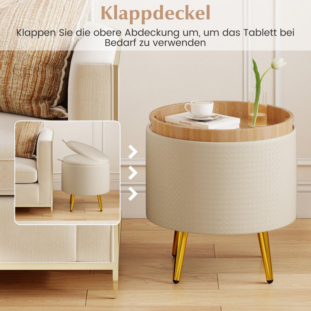 2-Piece Beige Faux Leather Storage Ottoman Set