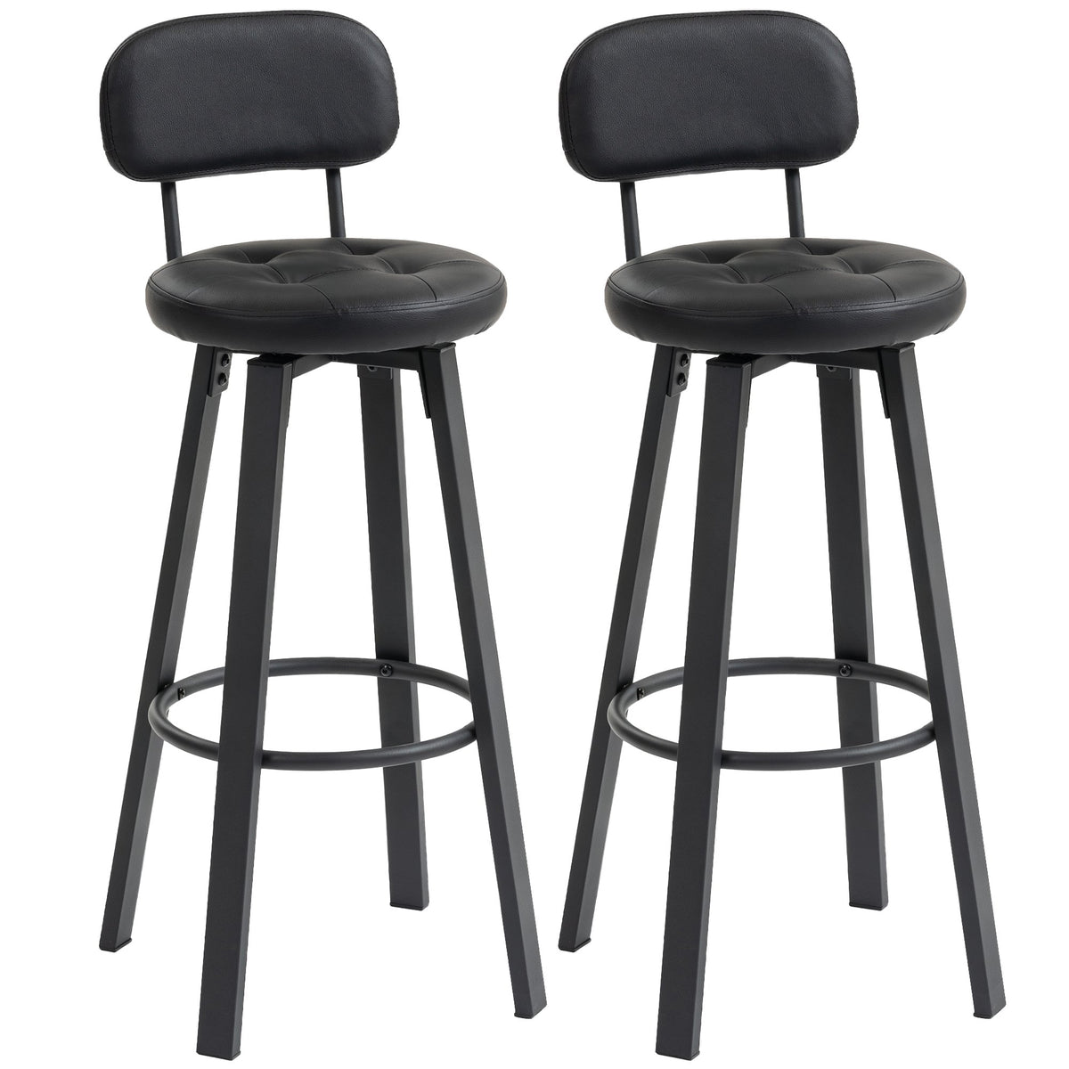 2-Piece Black Faux Leather Bar Stools, Swivel, Footrest