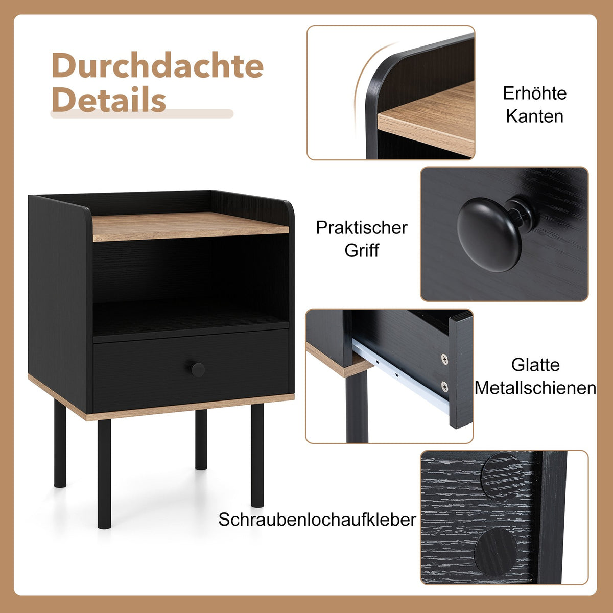 2-Piece Black Nightstand Set with Drawer & Shelf