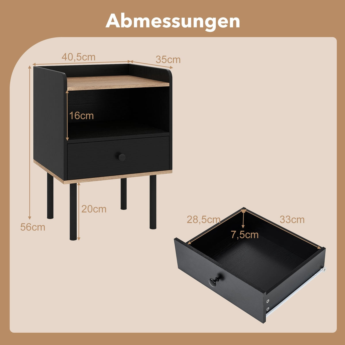 2-Piece Black Nightstand Set with Drawer & Shelf