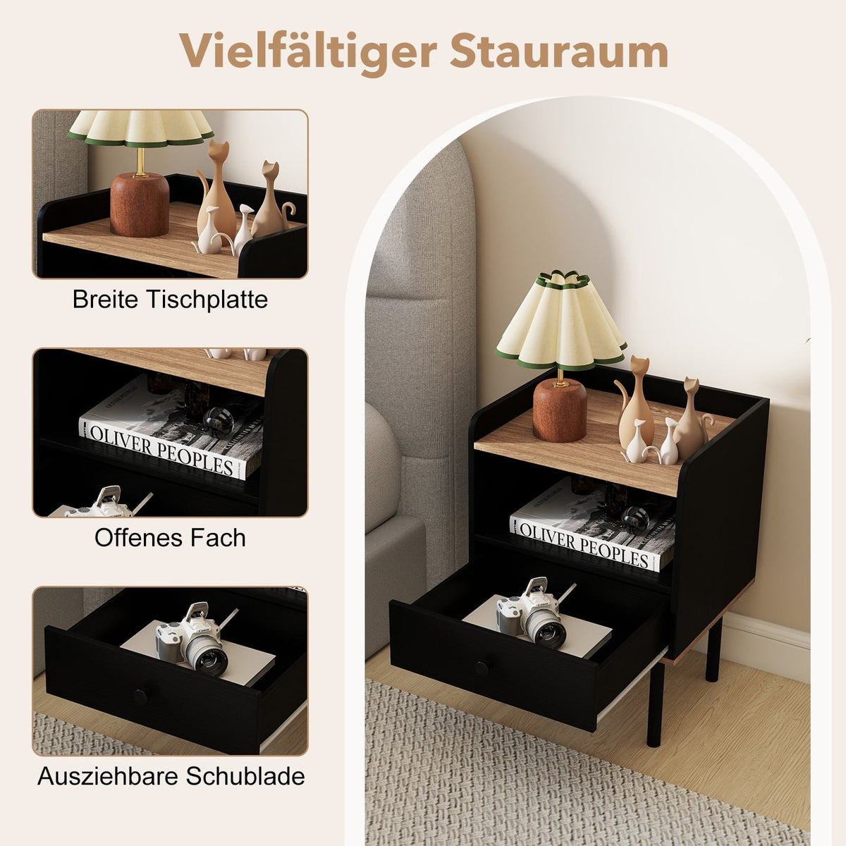 2-Piece Black Nightstand Set with Drawer & Shelf
