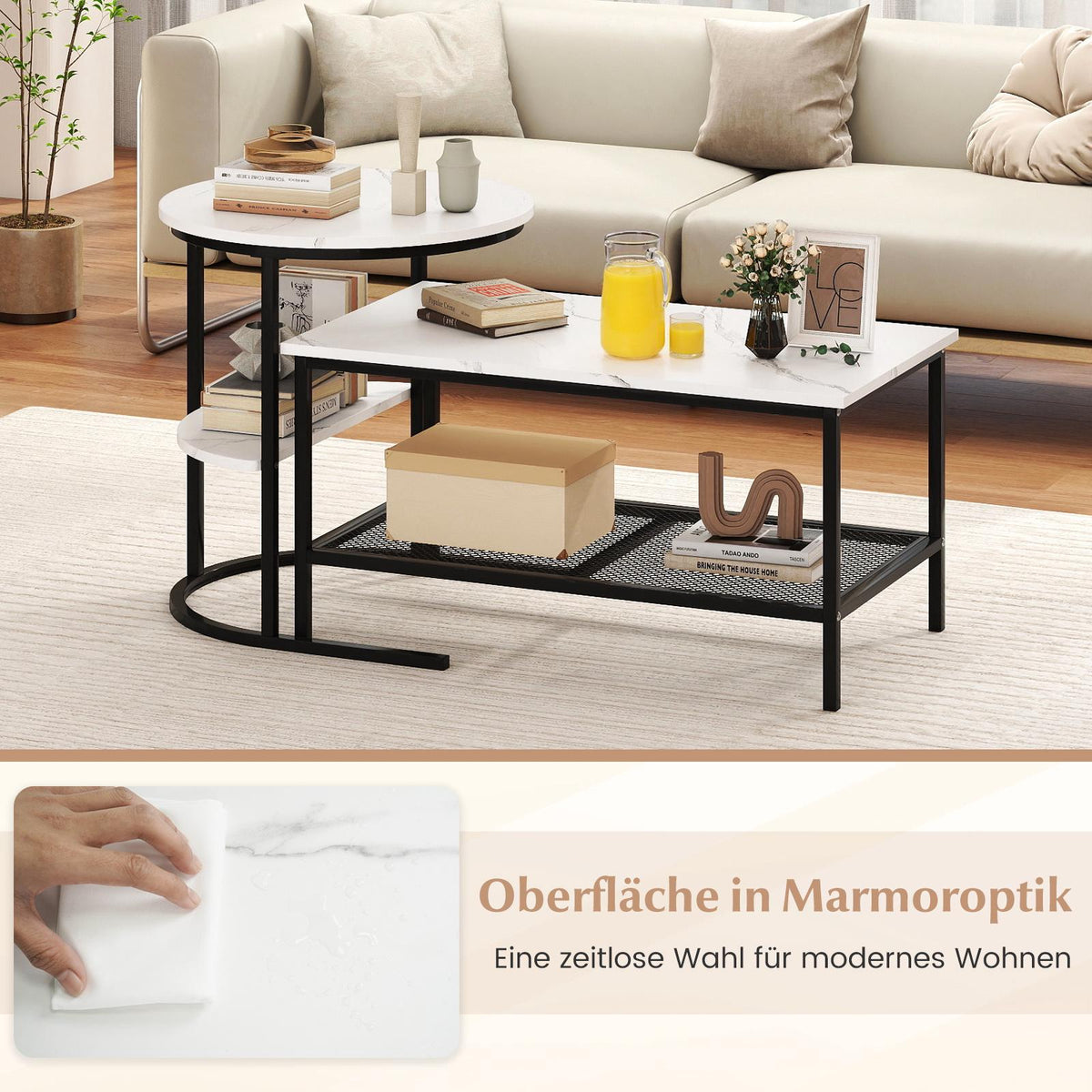 2-Piece Coffee Table Set with Faux Marble Top, Black