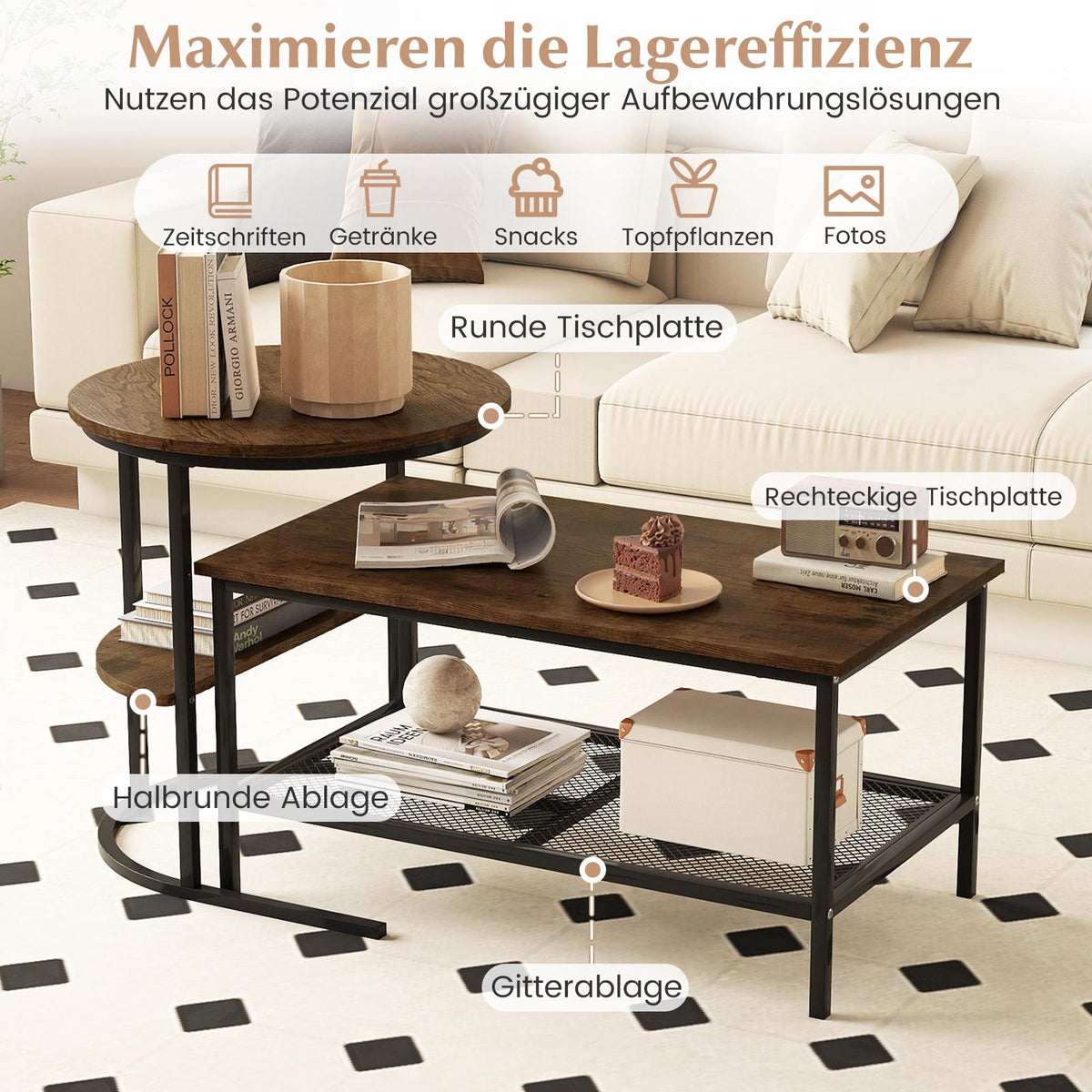 2-Piece Coffee Table Set with Faux Marble Tops, Brown
