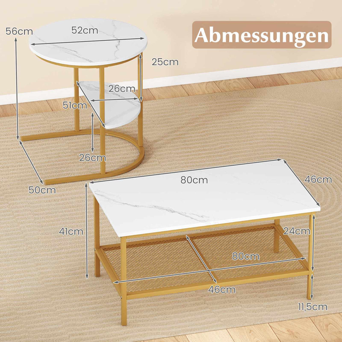 2-Piece Coffee Table Set with Faux Marble Tops, White