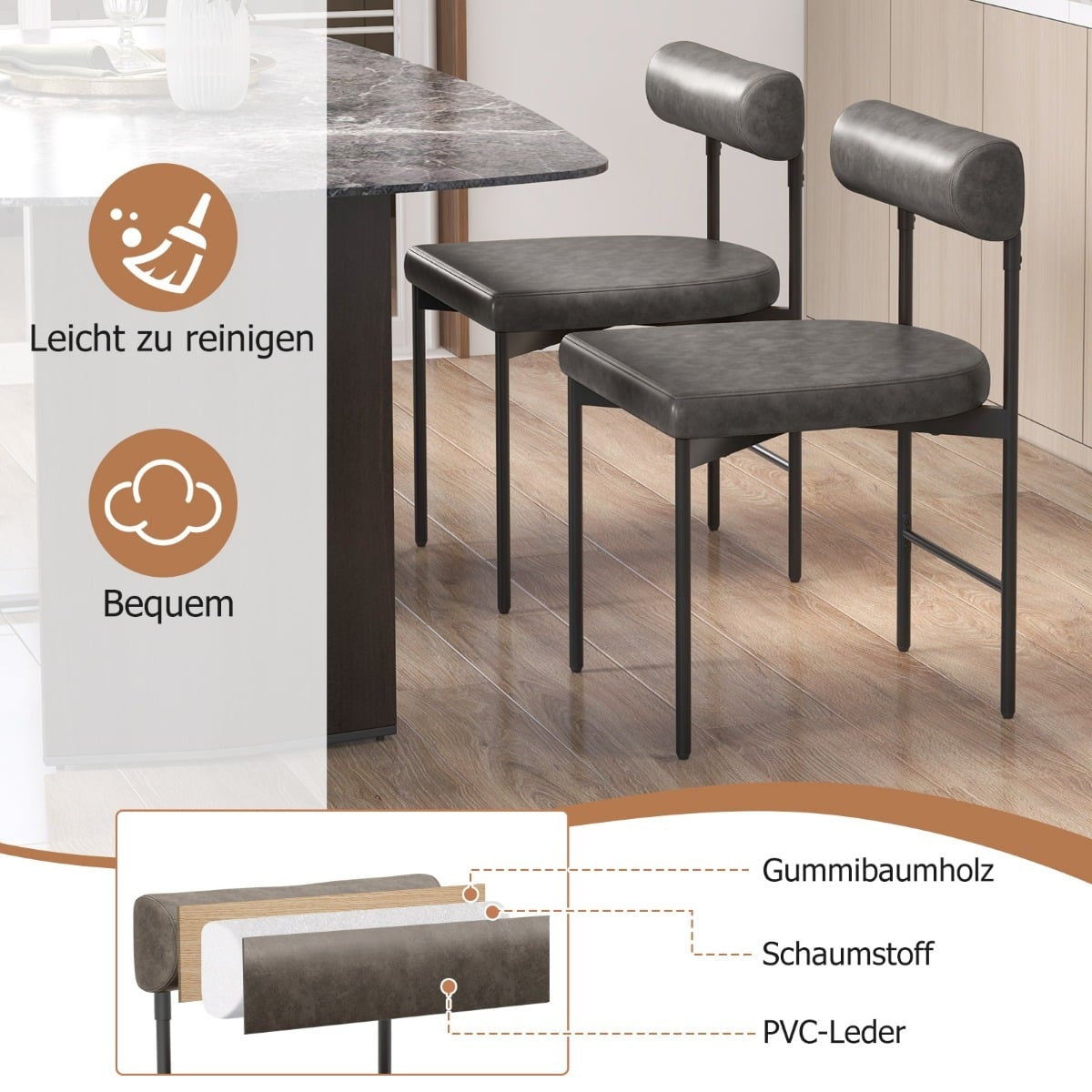 2-Piece Dining Chair Set, Grey PVC Leather, Padded Back
