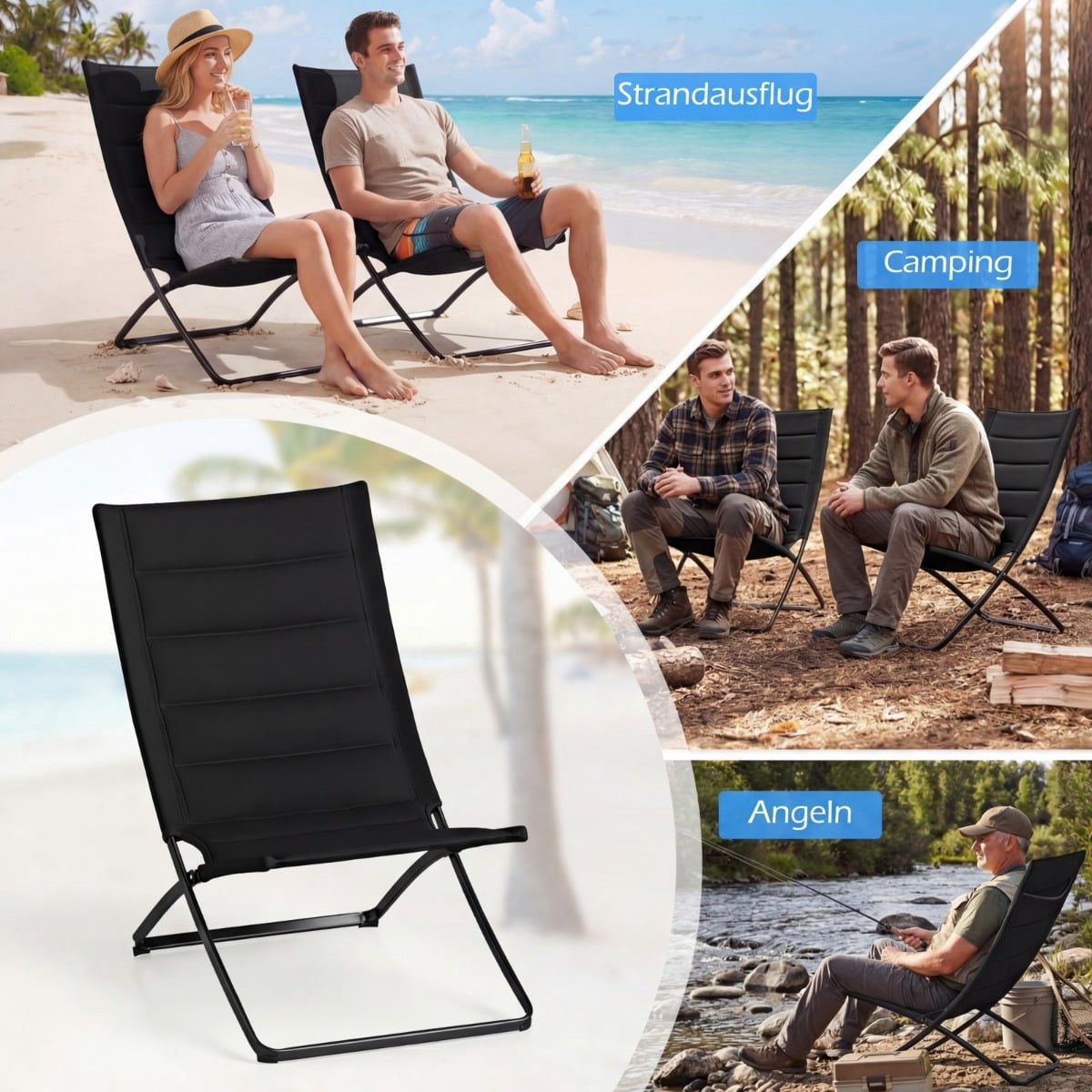 2-Piece Folding Beach Chairs with Padded Seats, Black