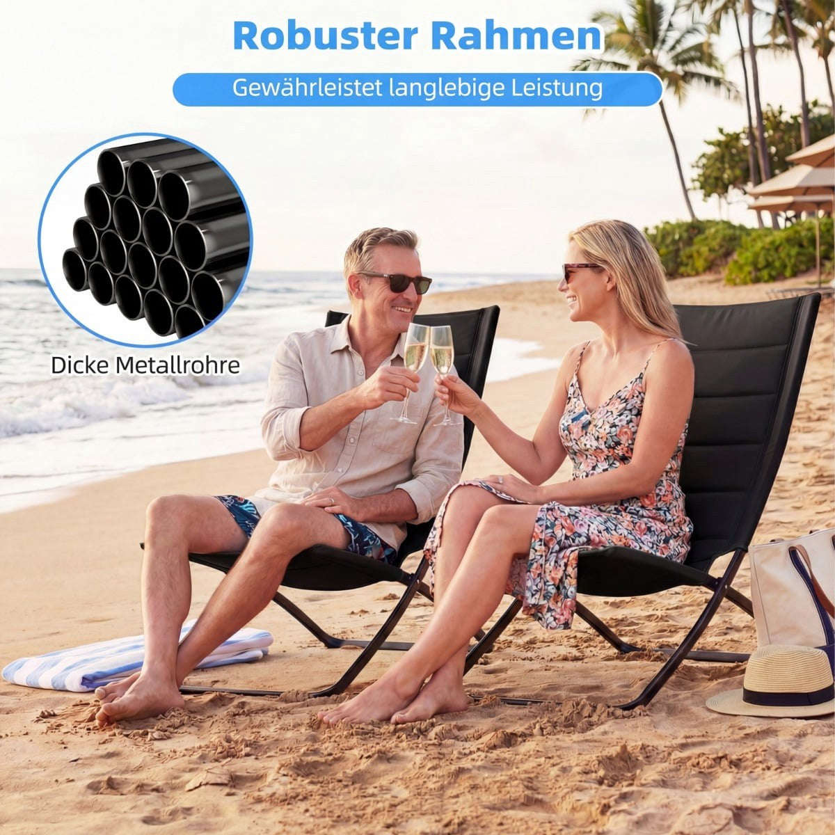 2-Piece Folding Beach Chairs with Padded Seats, Black