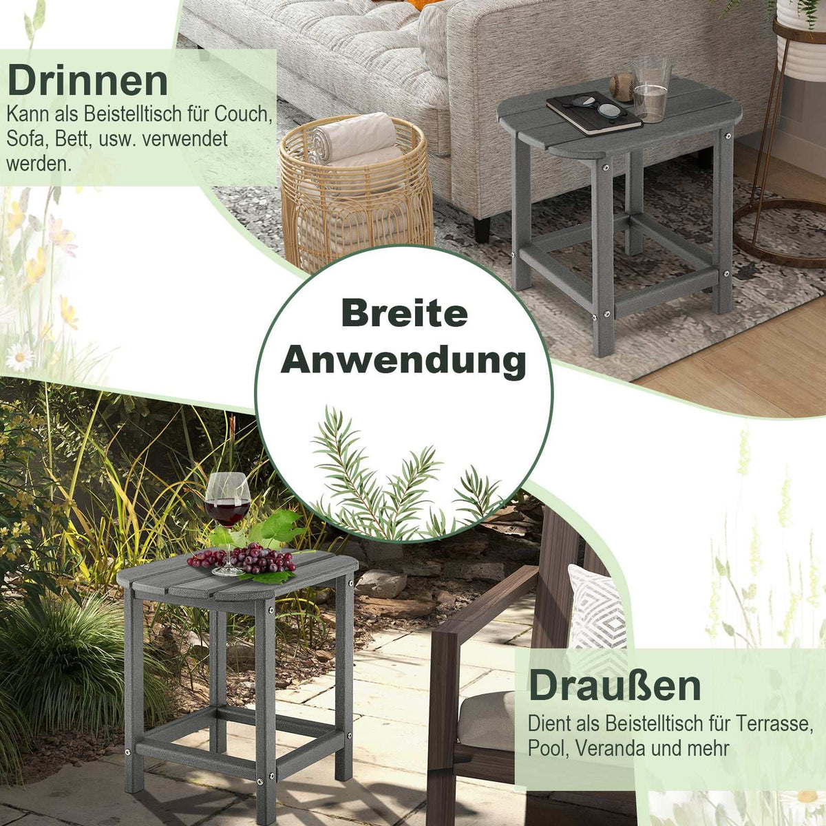 2-Piece HDPE Outdoor Side Table Set, Gray, Weatherproof