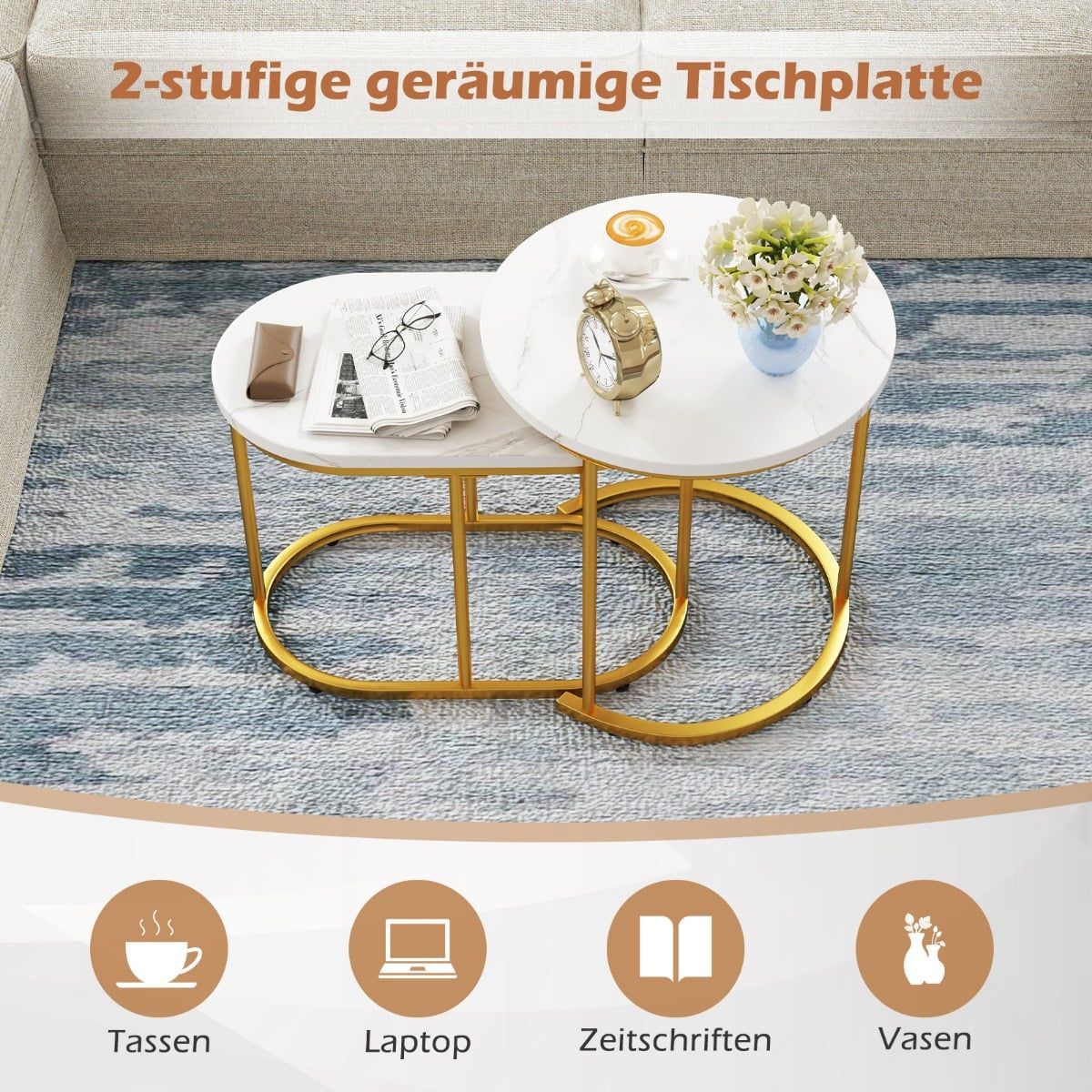 2-Piece Marble-Look Coffee Table Set with Gold Legs