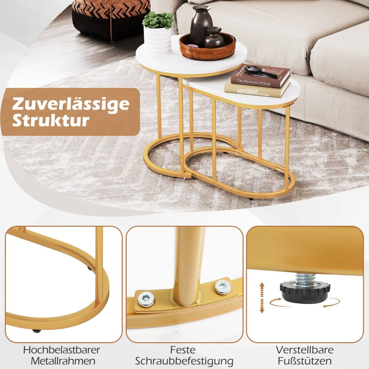 2-Piece Marble-Look Coffee Table Set with Gold Legs