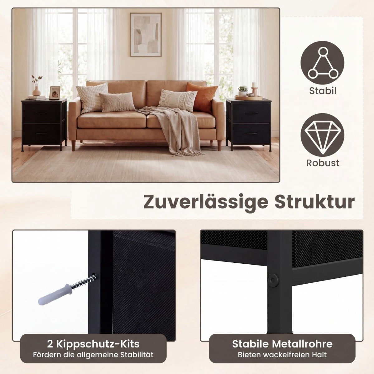 2-Piece Nightstand Set with 2 Fabric Drawers, Metal Frame
