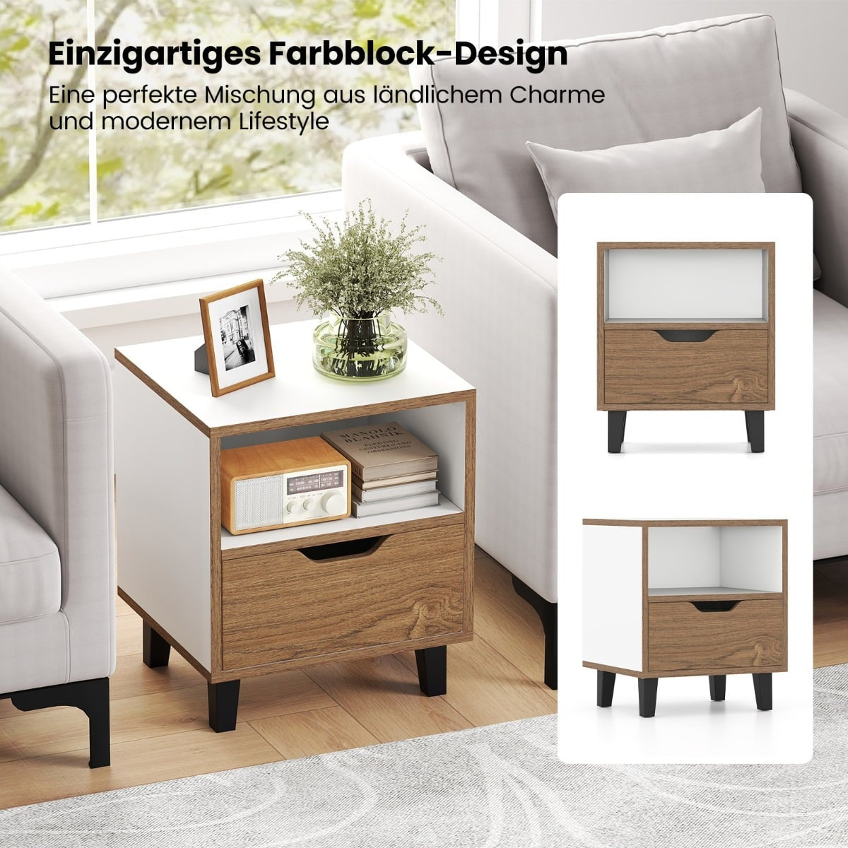 2-Piece Nightstand Set with Open Shelf & Drawer