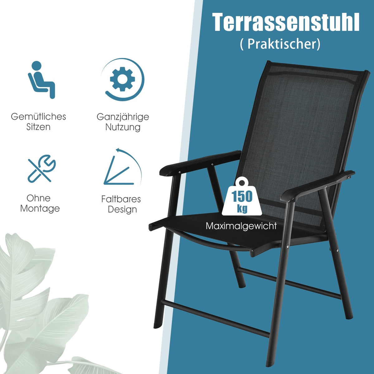 2-Piece Outdoor Folding Chairs, Black, Weatherproof Fabric