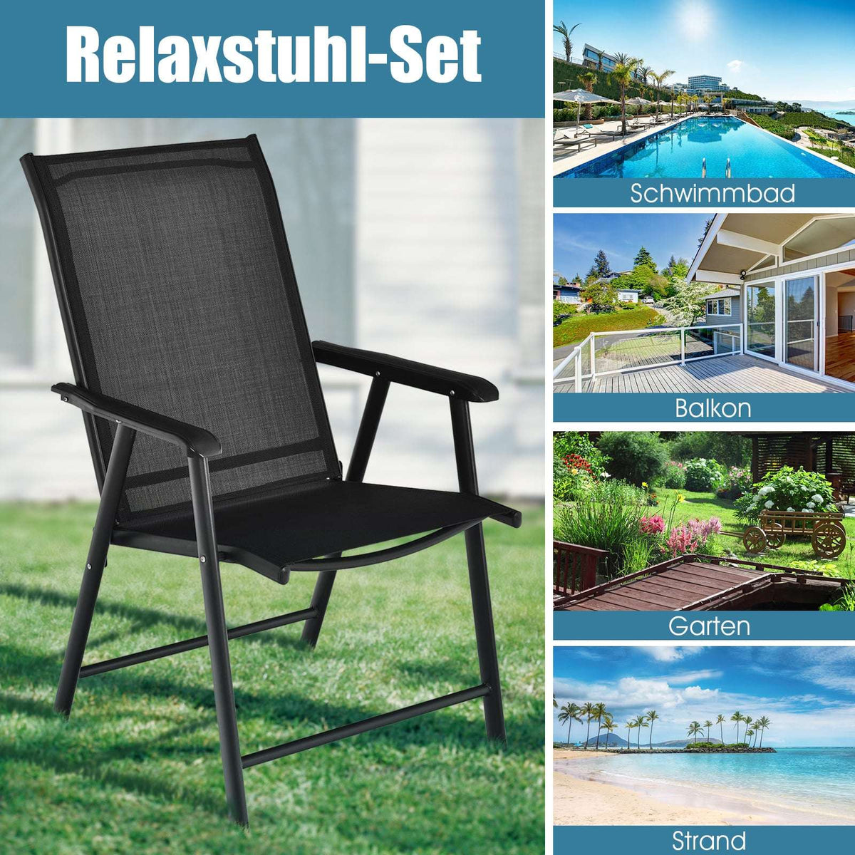 2-Piece Outdoor Folding Chairs, Black, Weatherproof Fabric