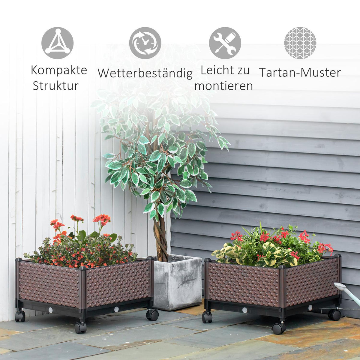 2-Piece Raised Bed With Wheels Diy Plant Box Set With Drain, Cold Frame Flower Box Made Of Plastic, Brown