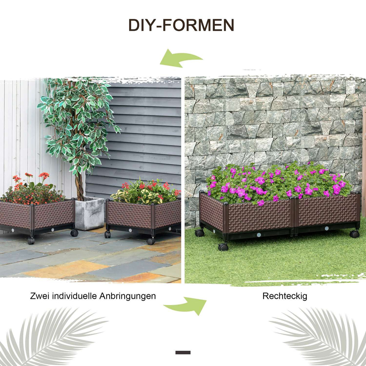 2-Piece Raised Bed With Wheels Diy Plant Box Set With Drain, Cold Frame Flower Box Made Of Plastic, Brown