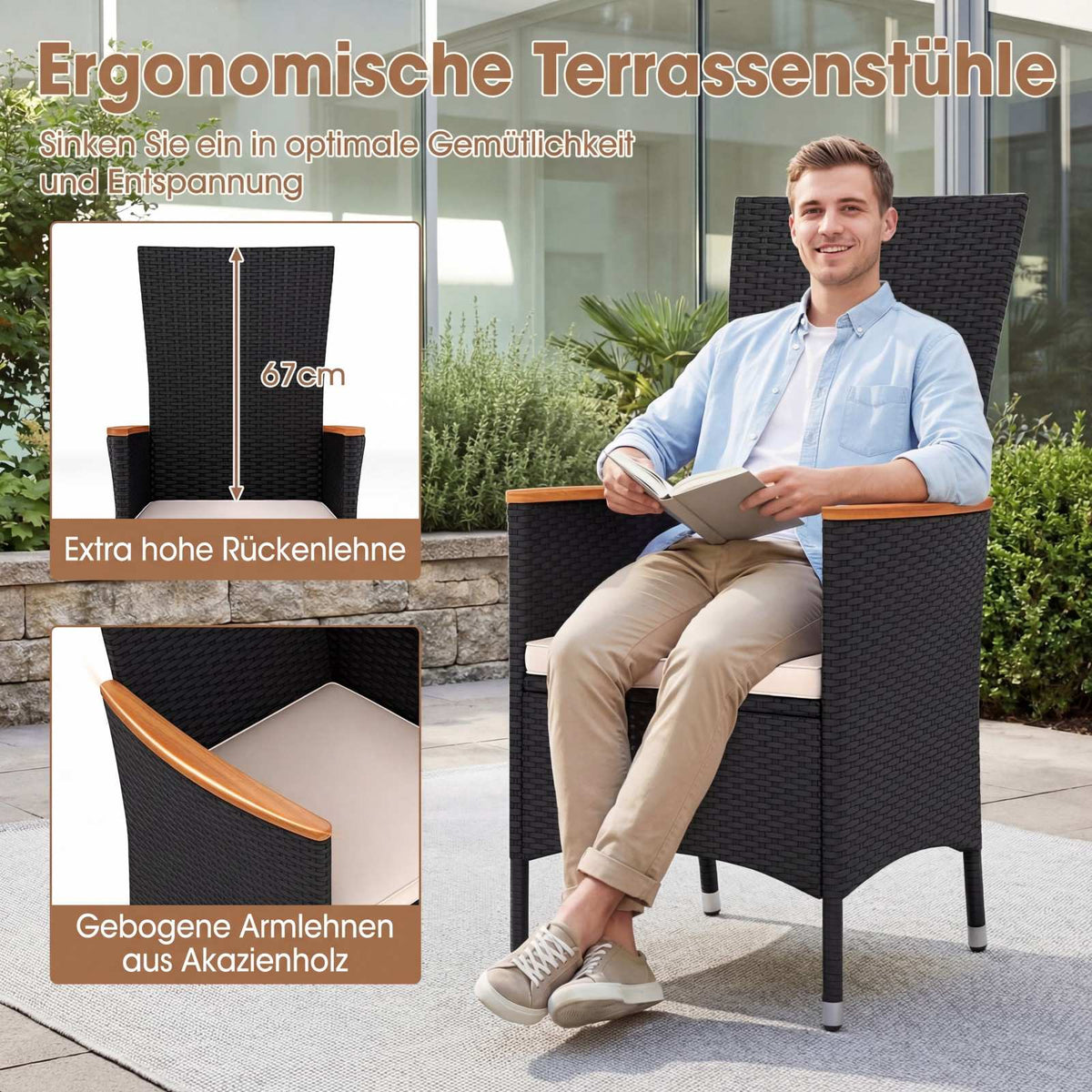 2-Piece Rattan Garden Chairs with Cushions, Beige, 180kg Capacity