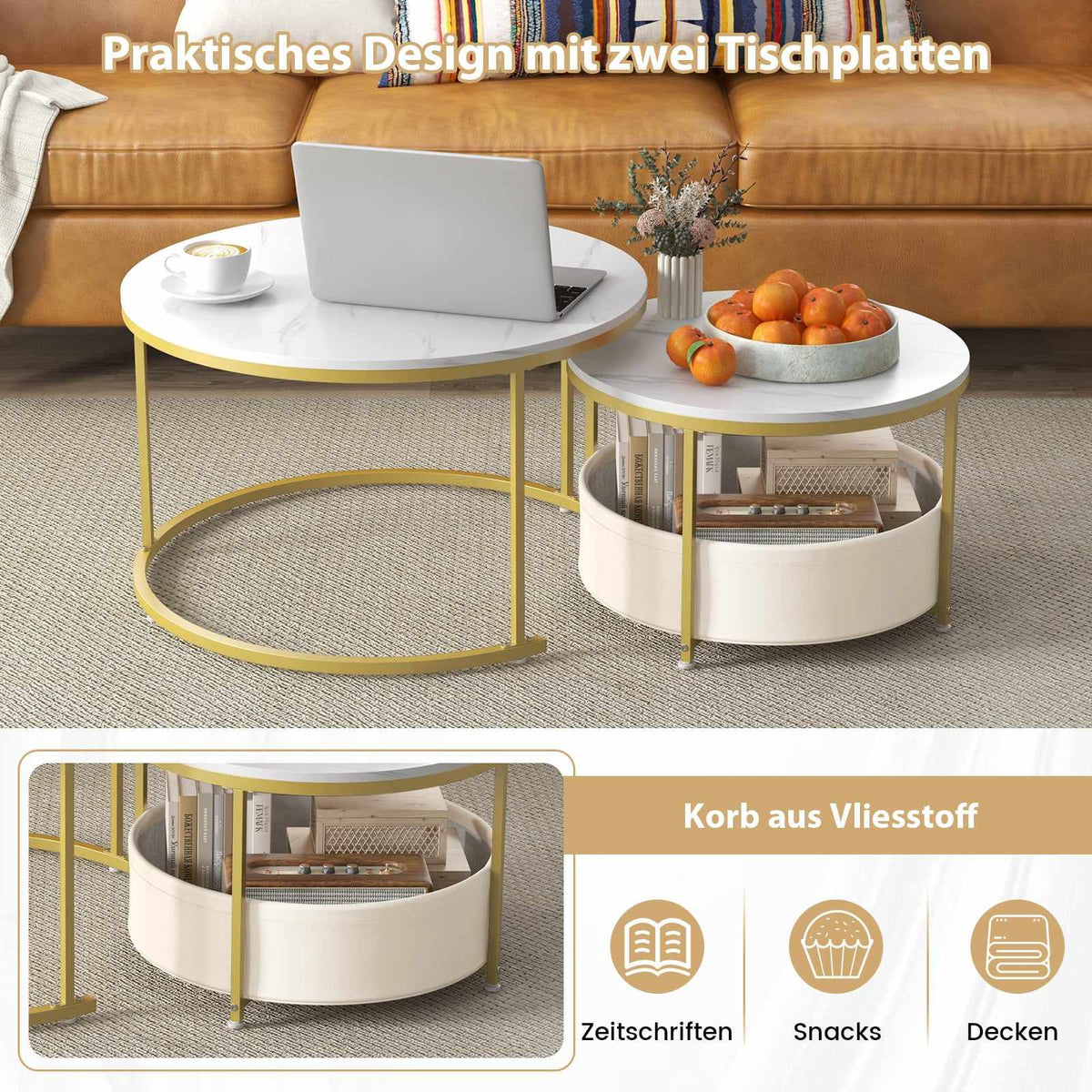 2-Piece Round Coffee Table Set with Storage Basket