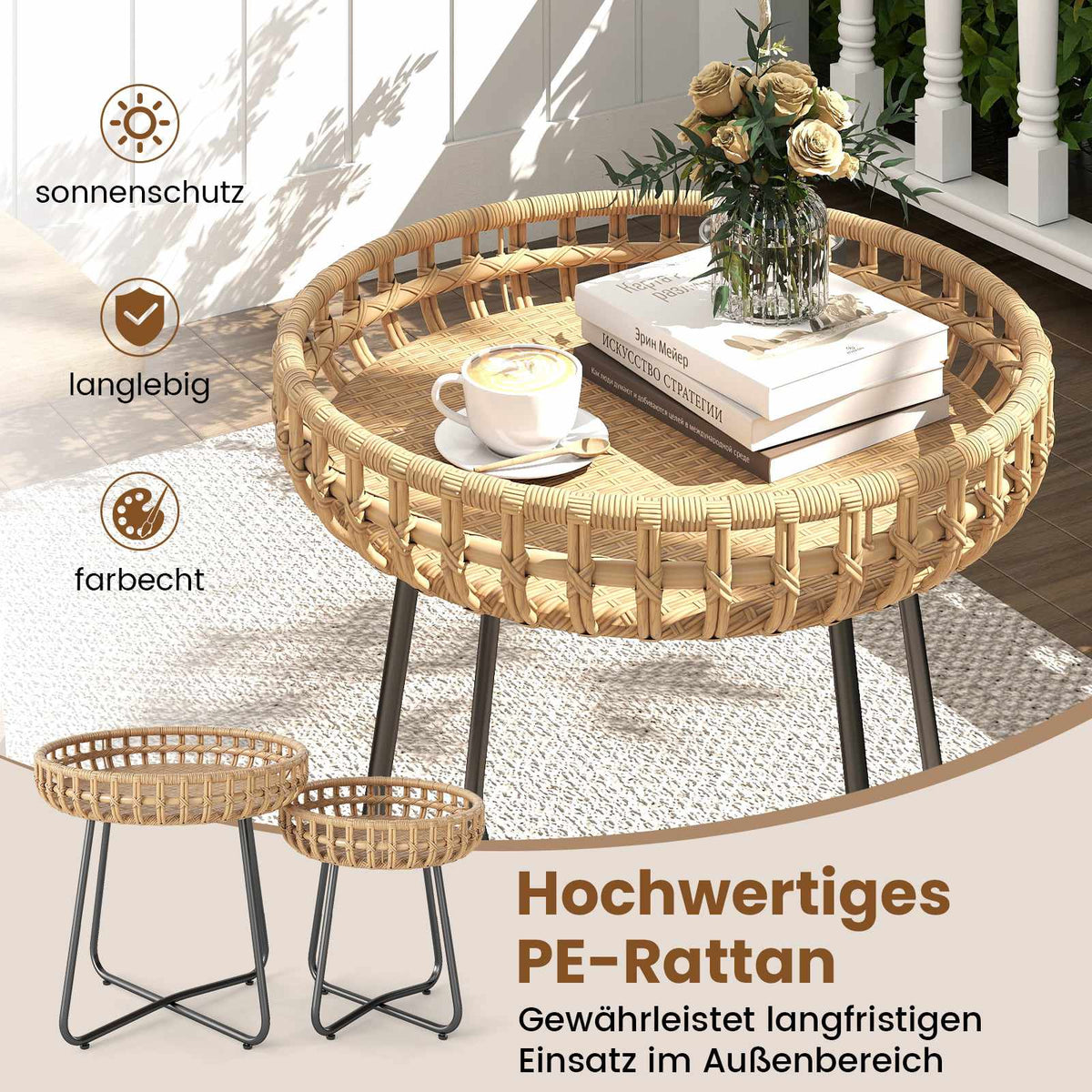 2-Piece Round Outdoor Rattan Side Table Set with Metal Frame