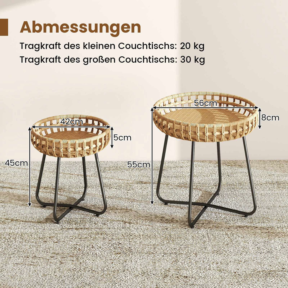 2-Piece Round Outdoor Rattan Side Table Set with Metal Frame