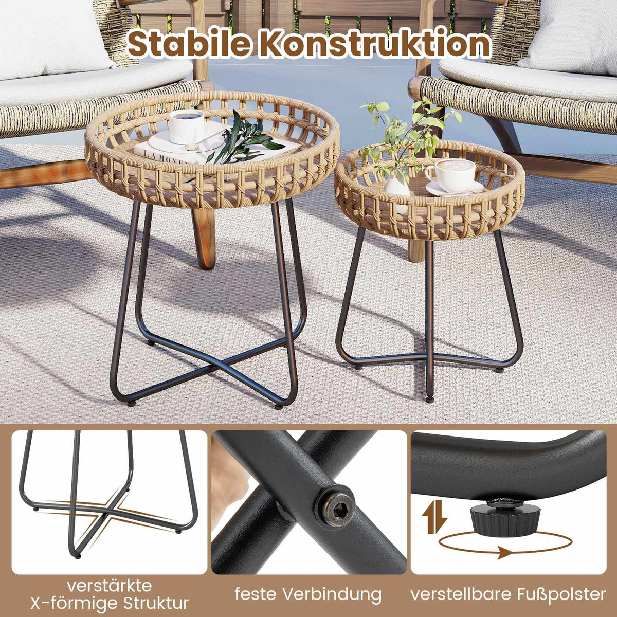 2-Piece Round Outdoor Rattan Side Table Set with Metal Frame