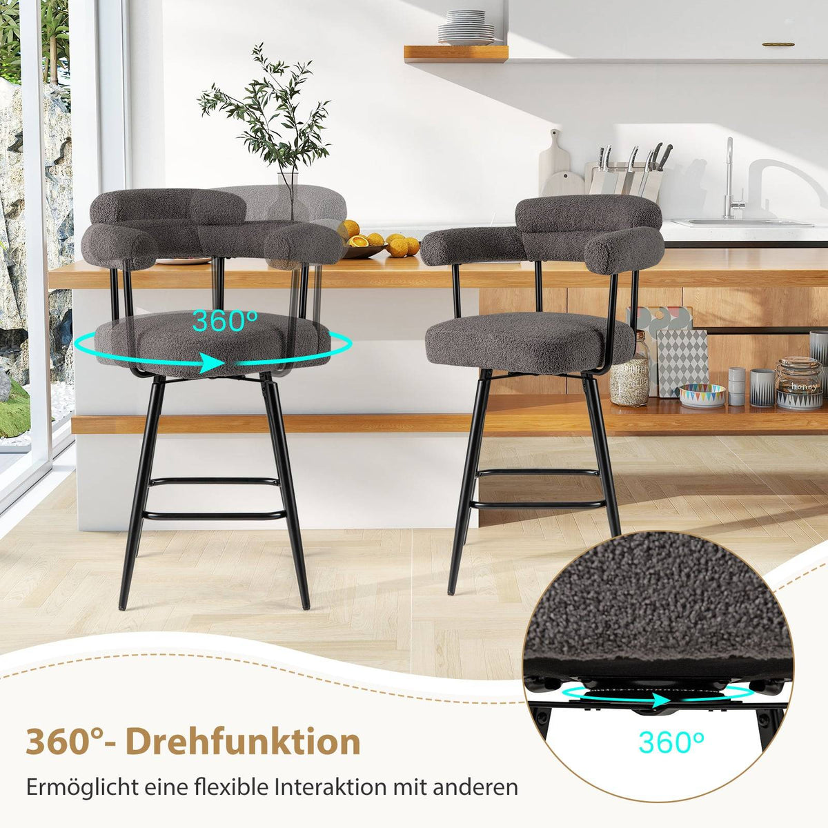 2-Piece Set Swivel Bar Stools, Padded, 360 Rotation, Gray