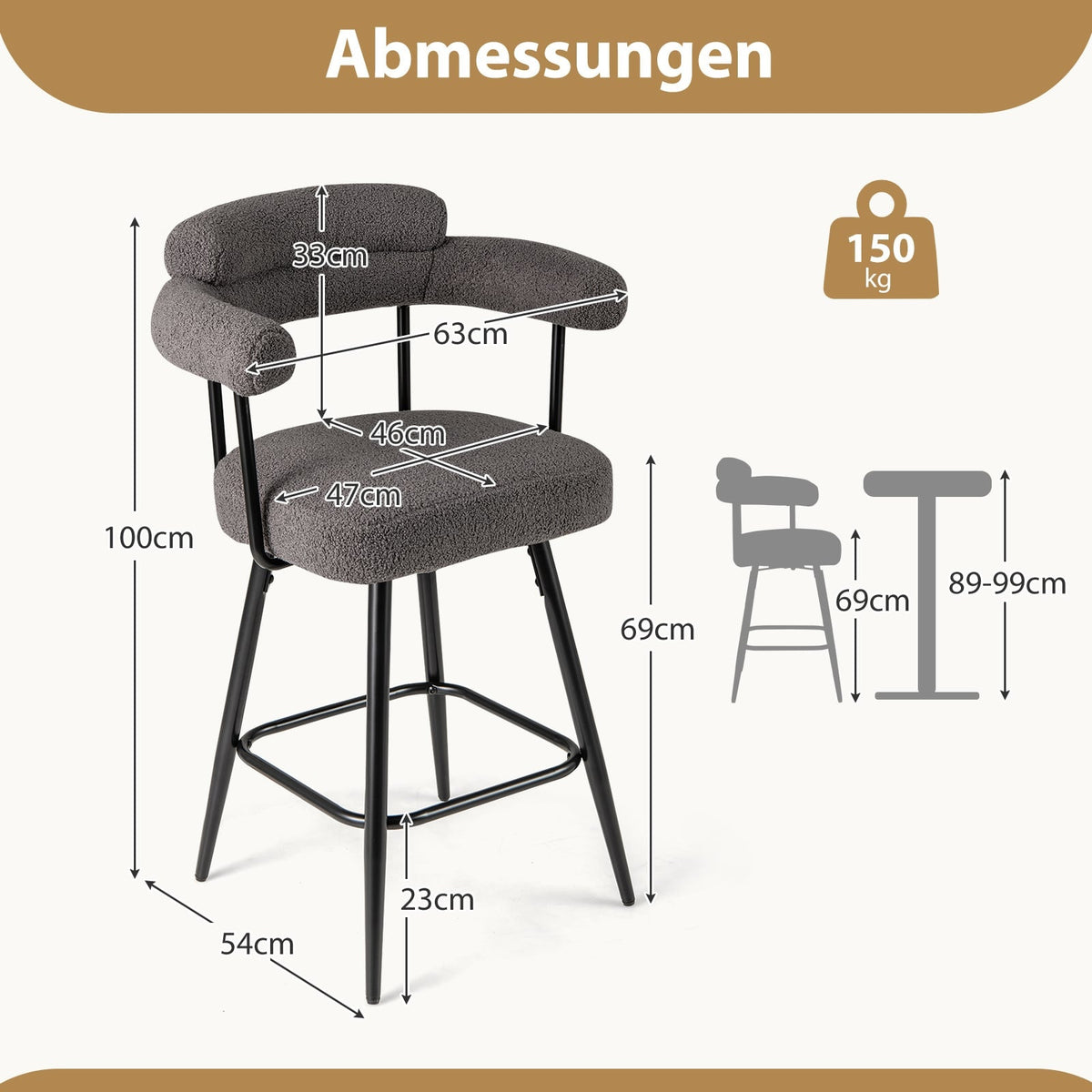 2-Piece Set Swivel Bar Stools, Padded, 360 Rotation, Gray