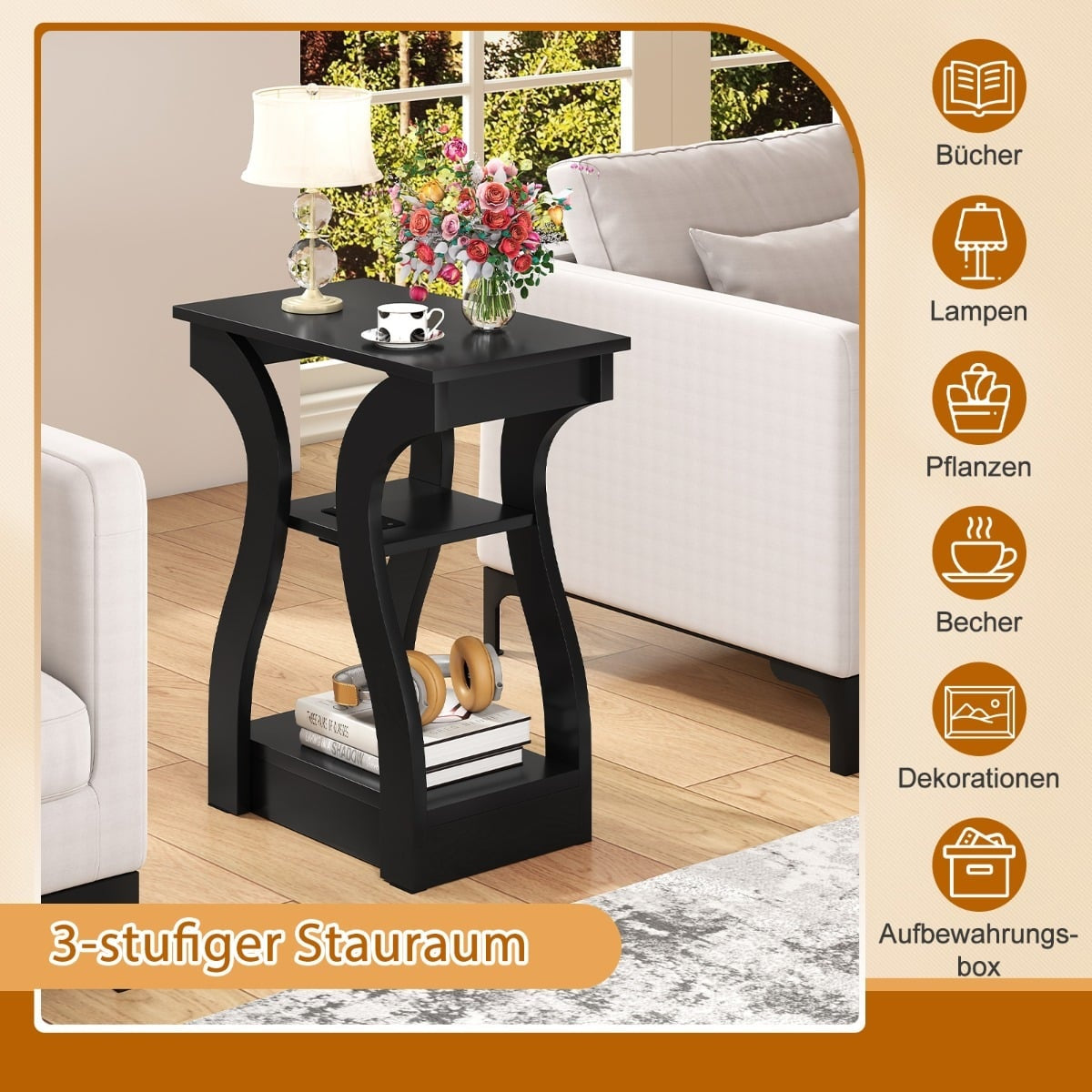 2-Piece Side Table Set with Charging Station, Black