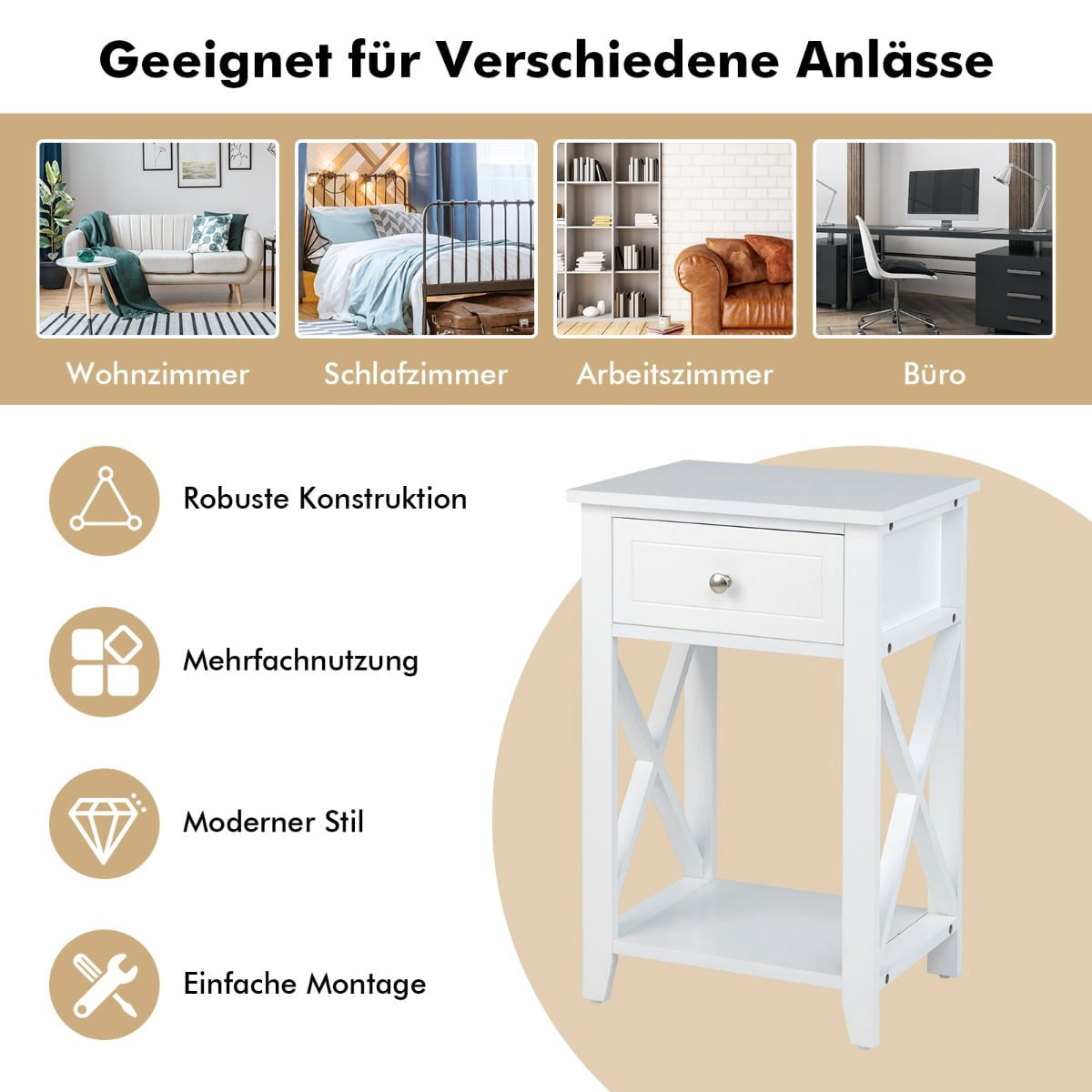 2-Piece White Nightstand Set with Drawer and Shelf