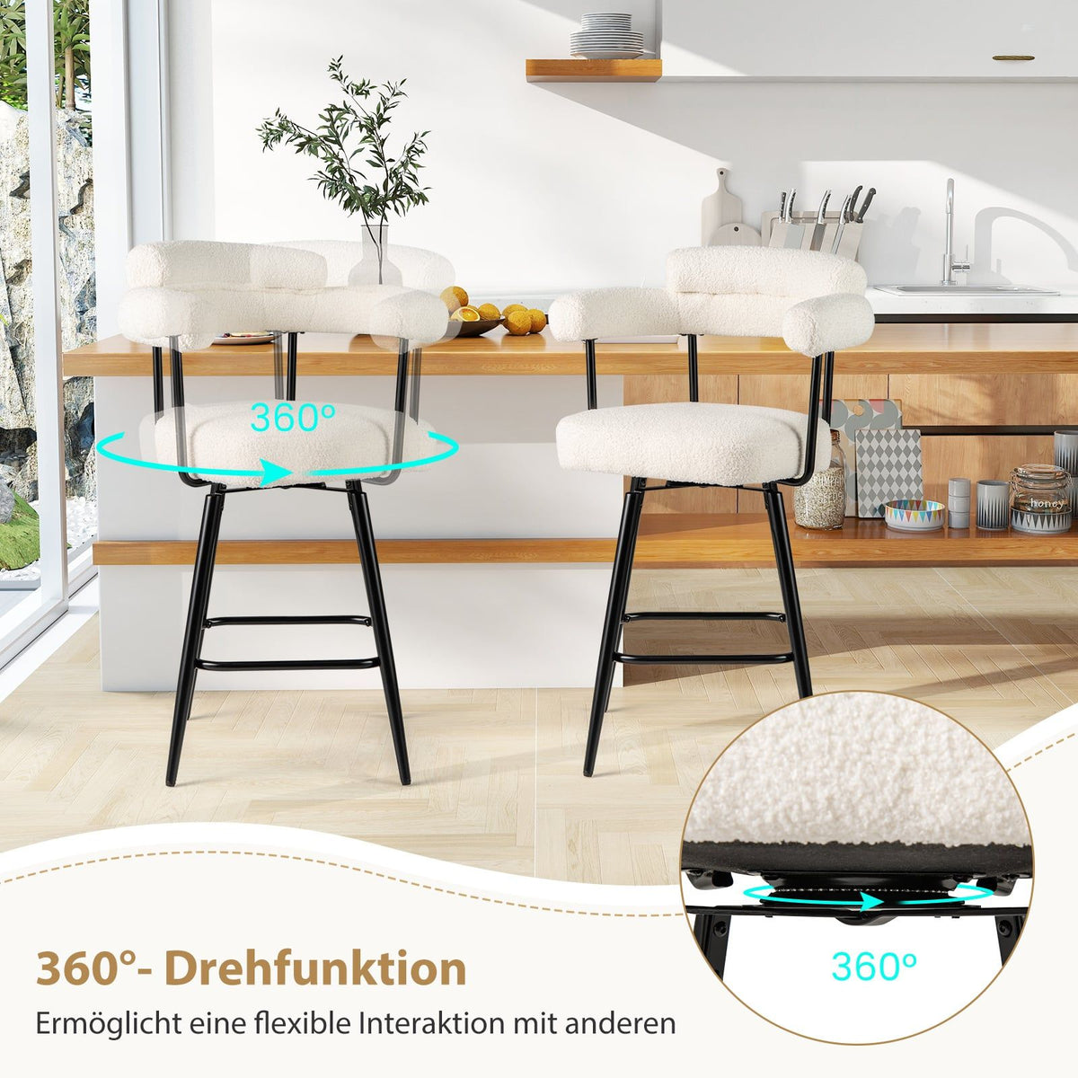 2-Piece White Swivel Bar Stools, 360 Rotating Seats