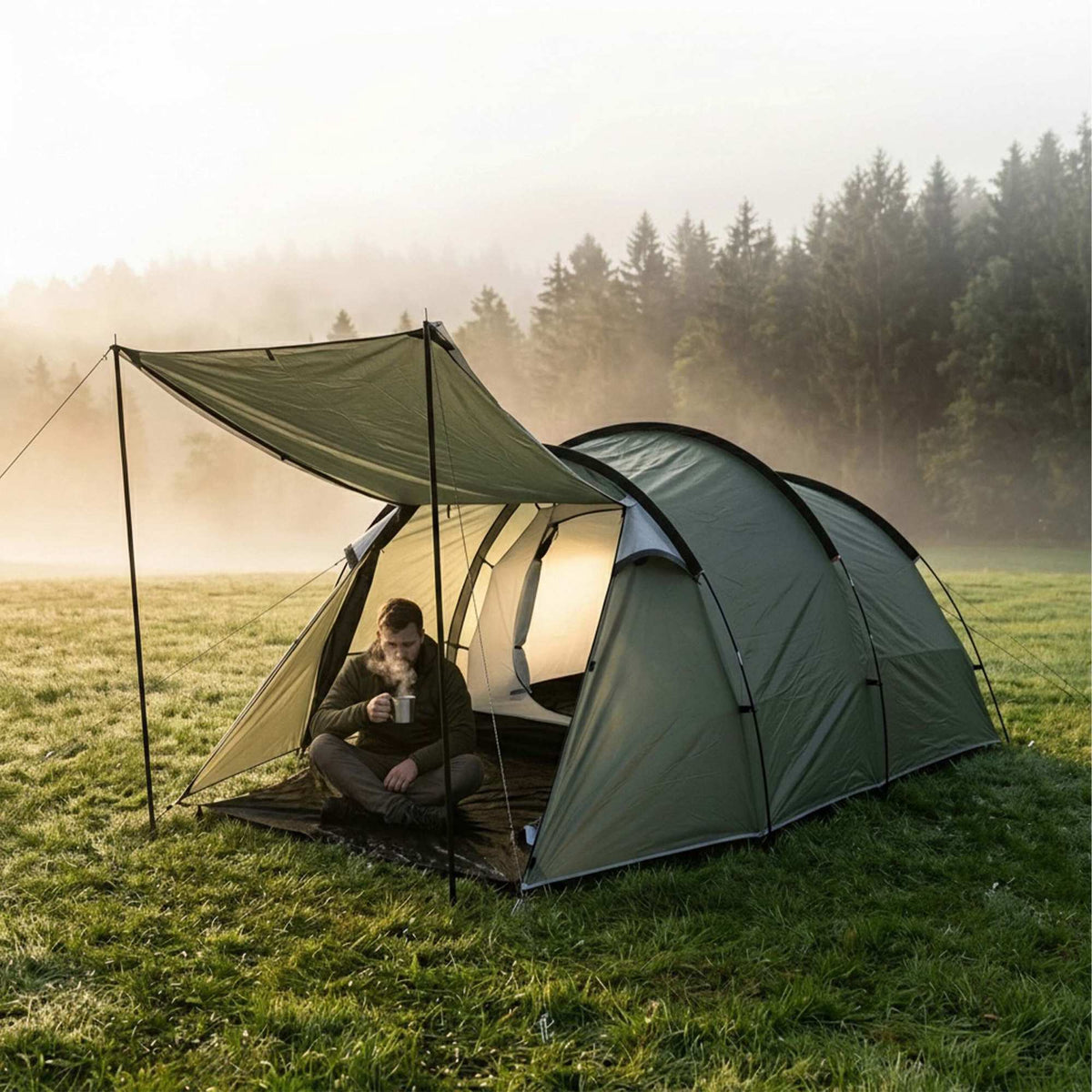 2-Room Tunnel Tent with Awning, Waterproof, Green
