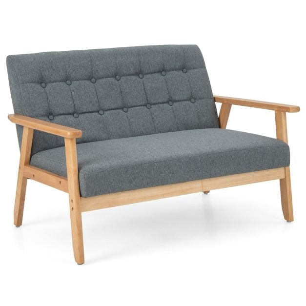2-Seat Linen Loveseat Sofa, Tufted, Rubberwood Frame
