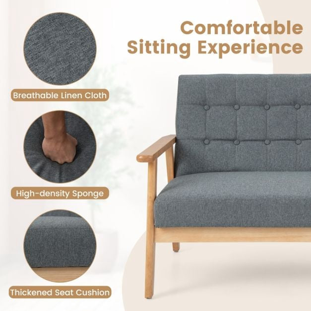 2-Seat Linen Loveseat Sofa, Tufted, Rubberwood Frame