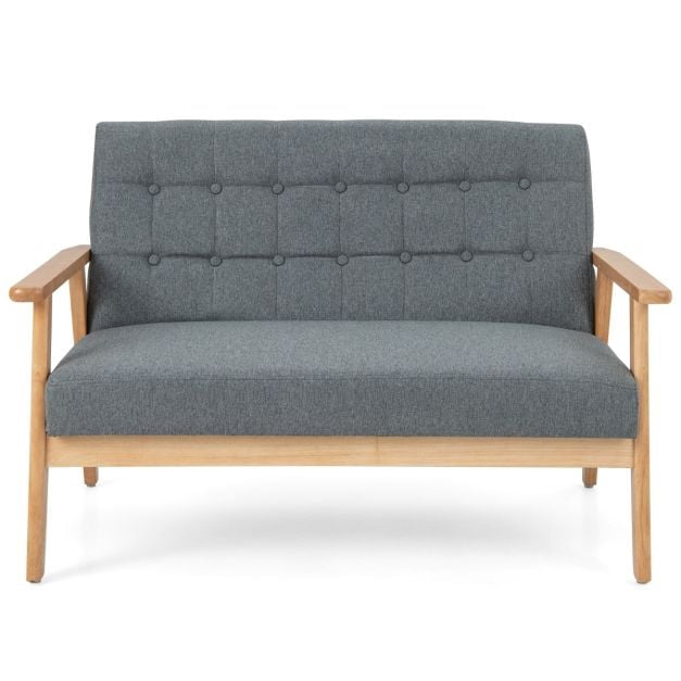 2-Seat Linen Loveseat Sofa, Tufted, Rubberwood Frame