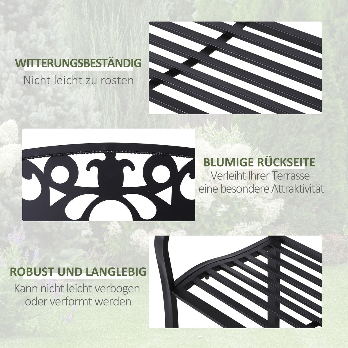 2-Seater Bench Garden Bench Metal Bench With Armrests Country House Style Metal Black 128 X 50 X 91 Cm