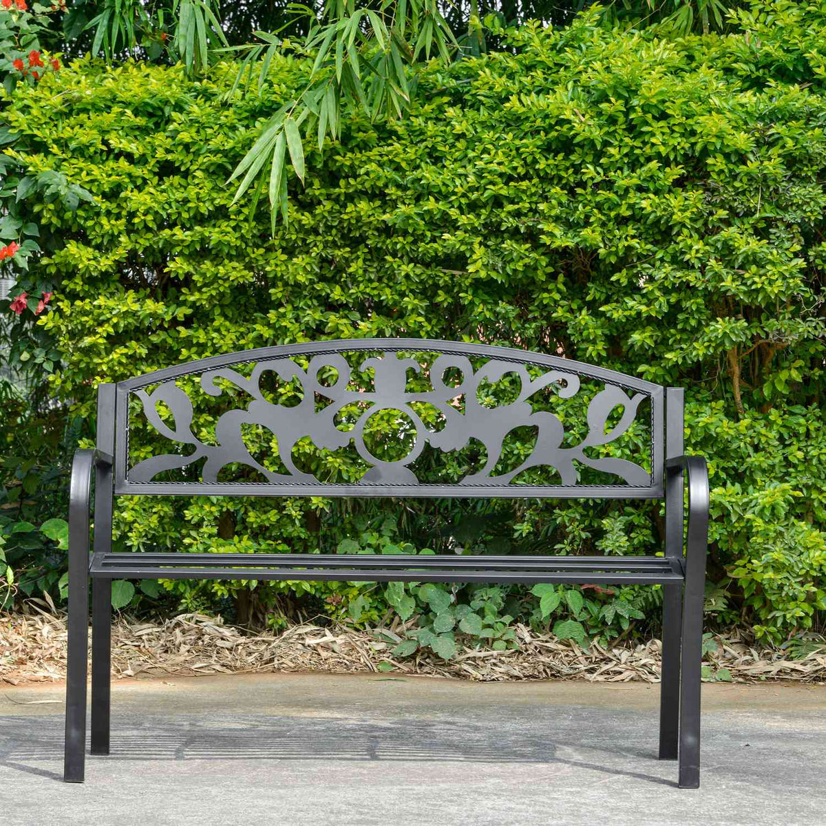 2-Seater Bench Garden Bench Metal Bench With Armrests Country House Style Metal Black 128 X 50 X 91 Cm