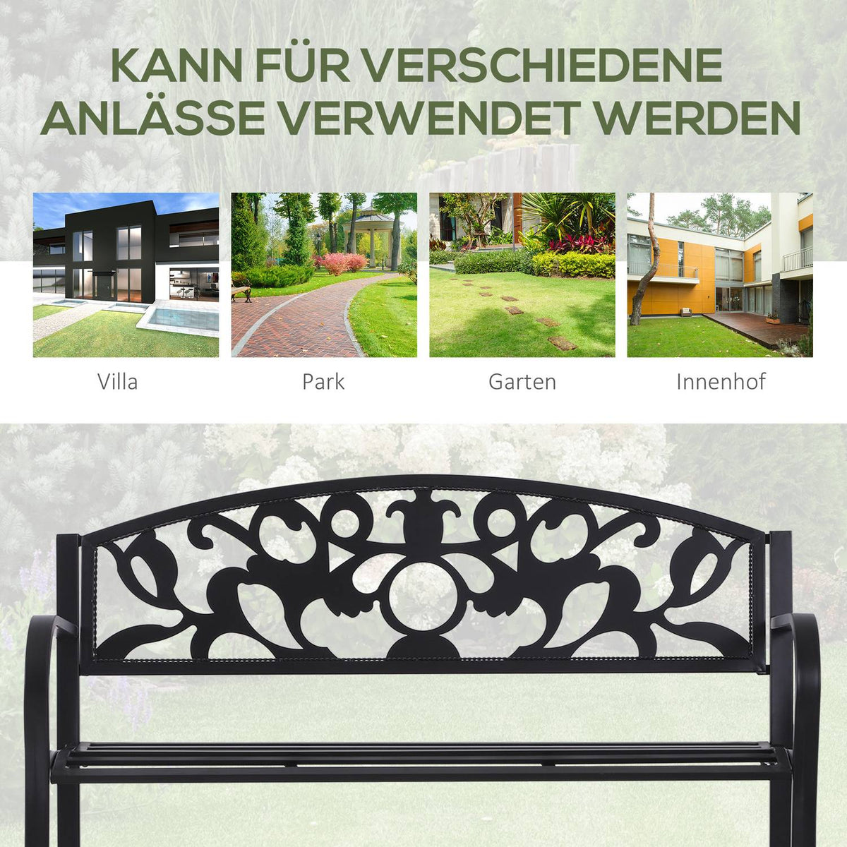2-Seater Bench Garden Bench Metal Bench With Armrests Country House Style Metal Black 128 X 50 X 91 Cm