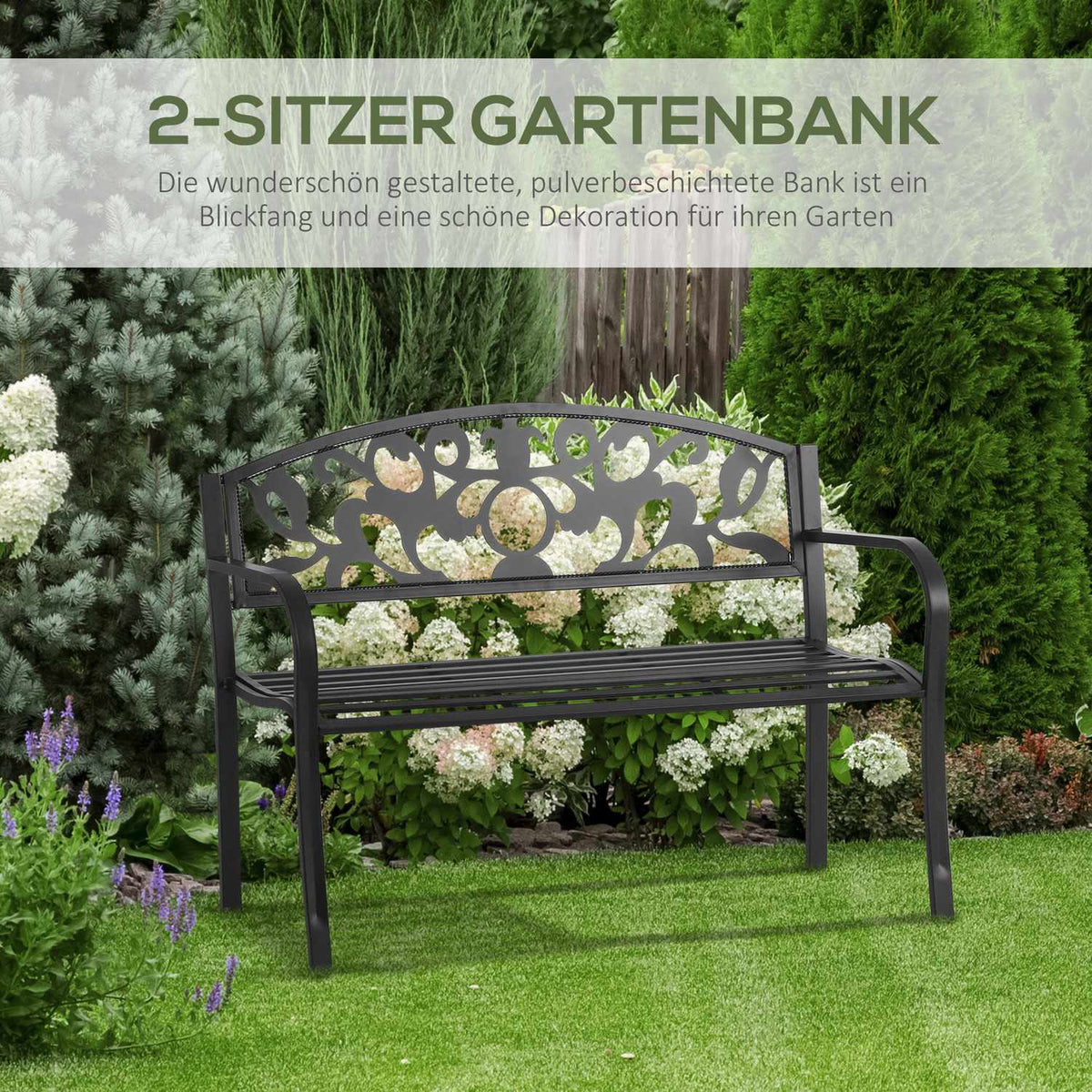 2-Seater Bench Garden Bench Metal Bench With Armrests Country House Style Metal Black 128 X 50 X 91 Cm