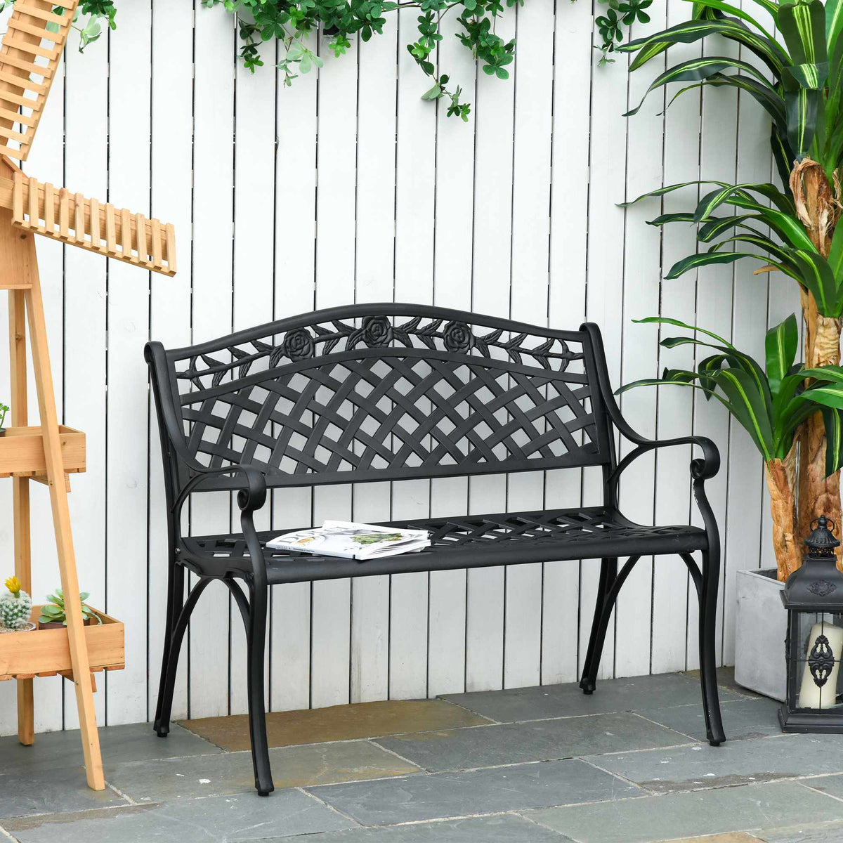 2-Seater Black Aluminum Garden Bench with Armrests