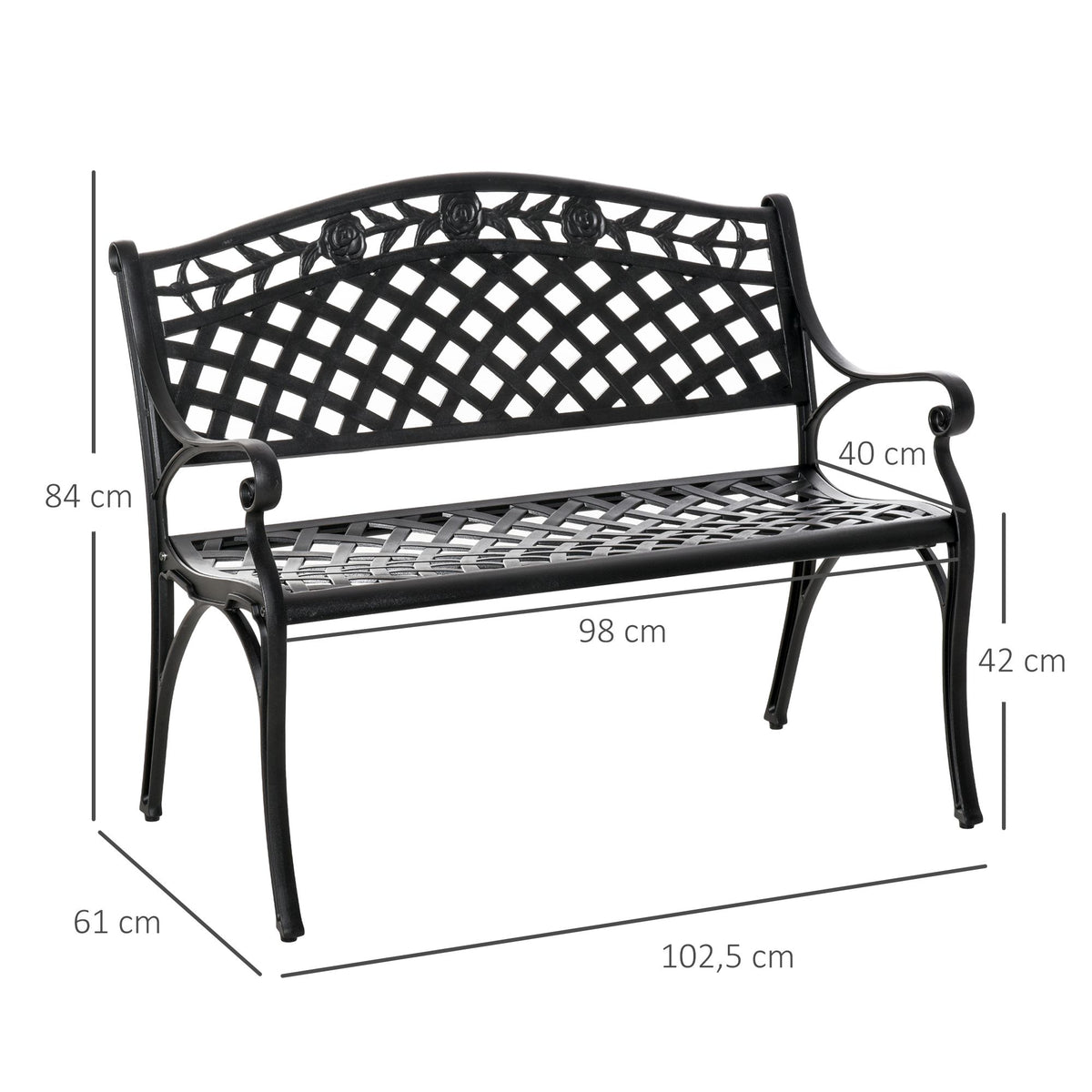 2-Seater Black Aluminum Garden Bench with Armrests