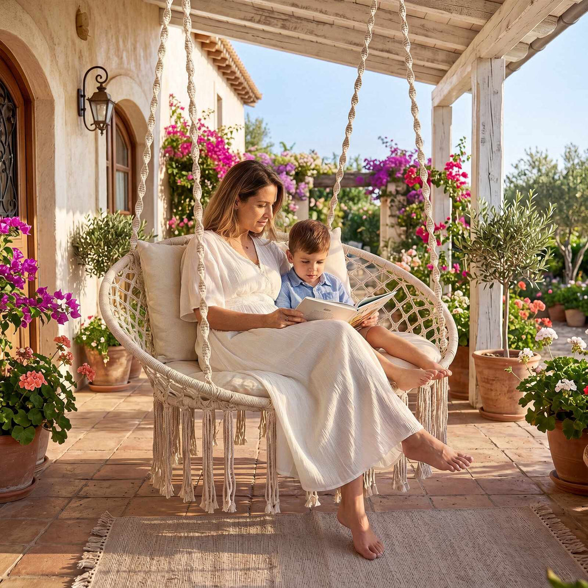 2-Seater Boho Hanging Chair with Cushions, Beige