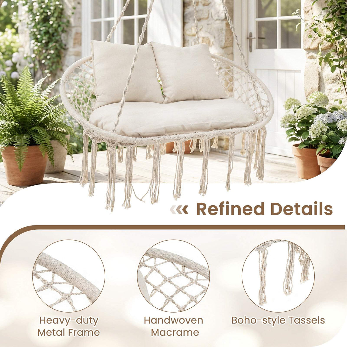 2-Seater Boho Hanging Chair with Cushions, Beige