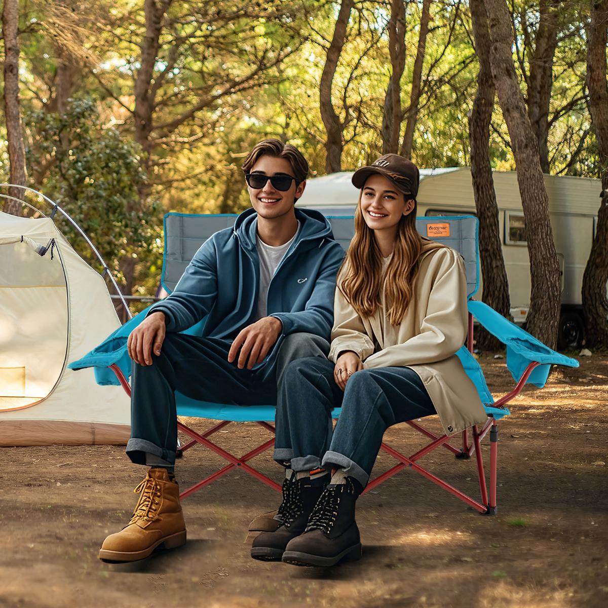 2-Seater Camping Chair – Adjustable Arms, Cup Holders, Bag