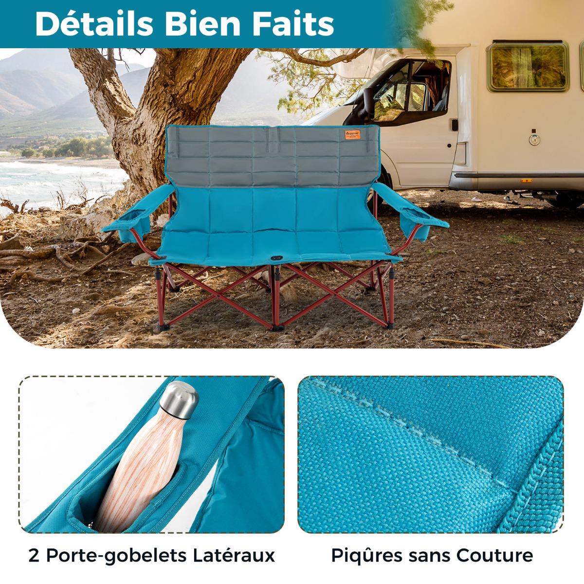 2-Seater Camping Chair – Adjustable Arms, Cup Holders, Bag
