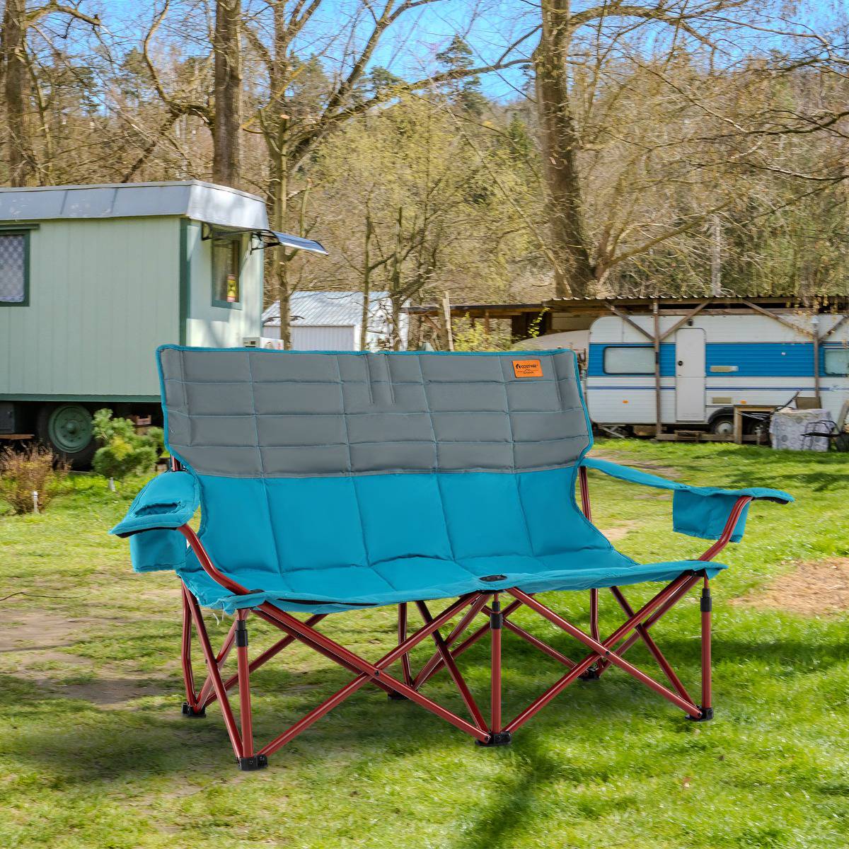 2-Seater Camping Chair – Adjustable Arms, Cup Holders, Bag