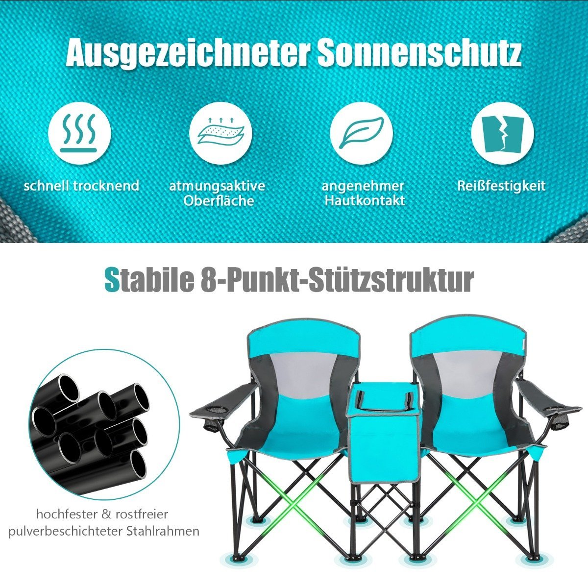 2-Seater Camping Chair with Sun Protection Mini Table Folding Fishing Chair with Carry Bag 166 x 71 x 151 cm Navy