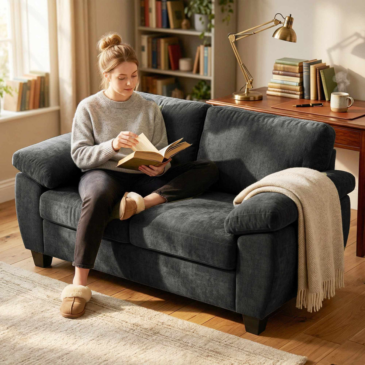 2-Seater Chenille Sofa, 156 cm, Dark Grey, 300 kg Capacity